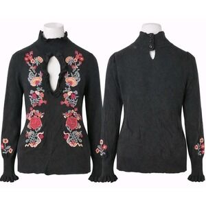 VTG Nanette Lepore Black Floral Embroidered Wool Sweater Keyhole Ruffle X-Small